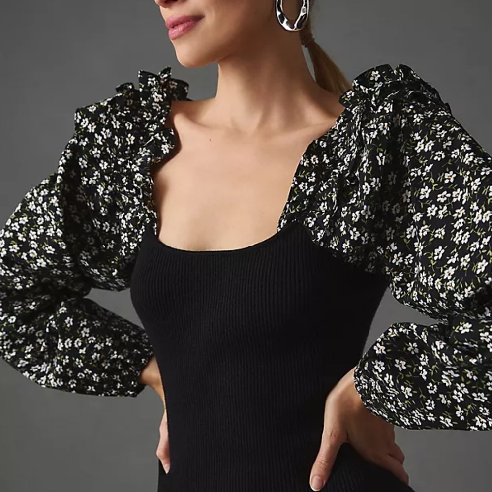 By Anthropologie Woven Ruffle-Sleeve Sweater